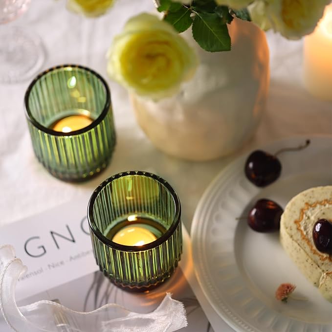 16 Pcs Large Green Votive Candle Holders, Tealight Ribbed Candle Holders Glass for Christmas Decorations, Green Glass Candle Holder, Vintage Boho Christmas Table Decorations,