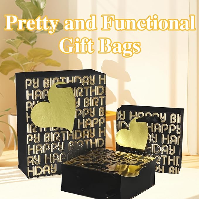 suosicn 6 Pack Black Birthday Gift Bags with Handles and 8 Pcs Tissue Paper, Assorted Sizes Metallic Letters Gift Bags for Birthday,Anniversary and Any Occasions