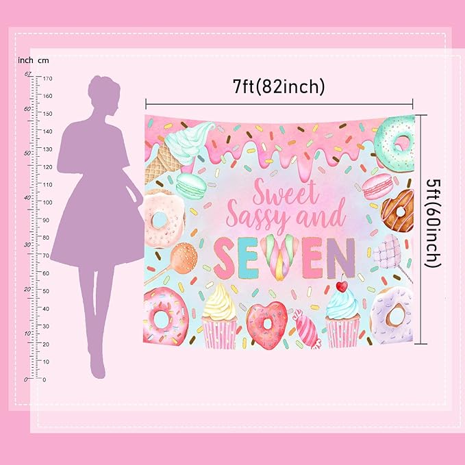 Mocsicka Donut 7th Birthday Backdrop Sweet Sassy and Seven for Girl Birthday Party Decorations Banner Seven Years Old Birthday Photography Background Photo Booth Props (10x8ft(120''x96''), Pink)