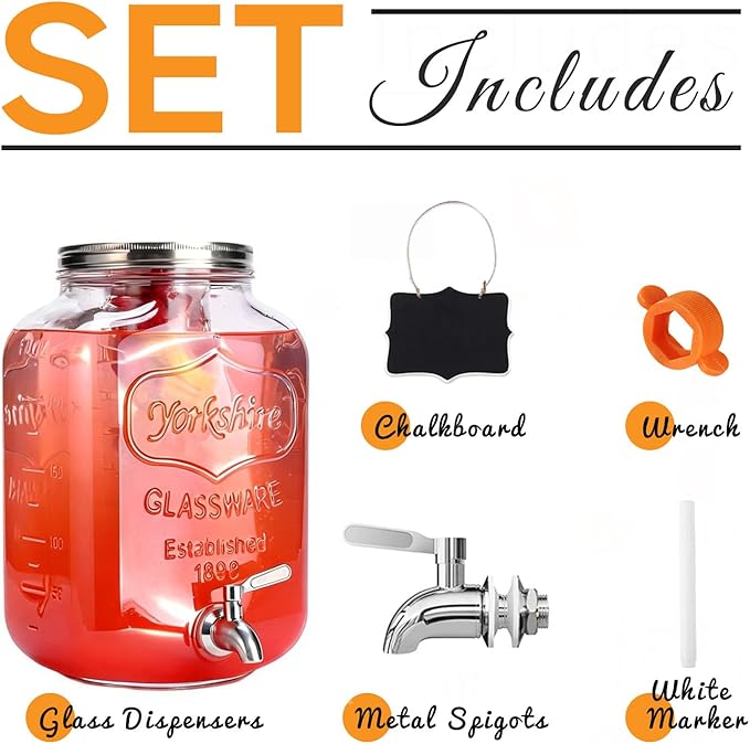 2 Gallon Glass Drink Dispenser For Parties,Beverage Dispenser,Lemonade Dispenser with 304 Stainless Steel Spigot Leakproof for Sun Tea, Picnic,Homemade Juice
