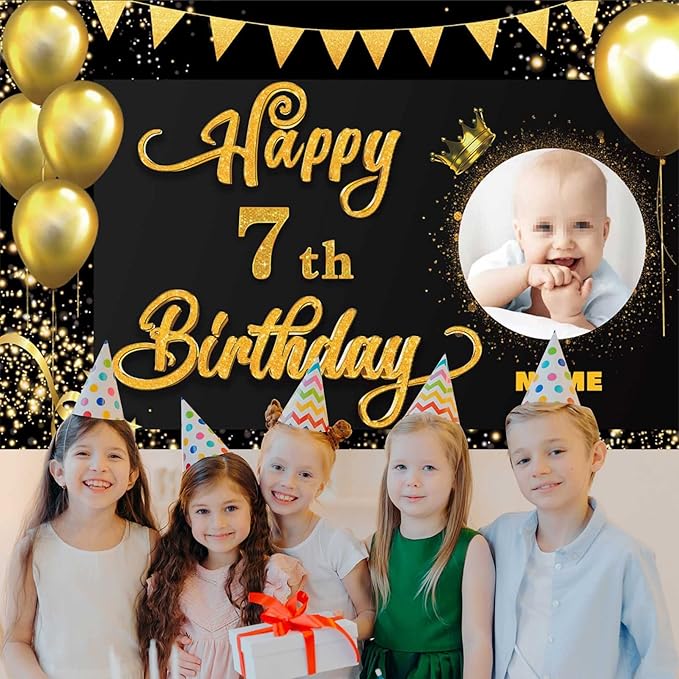 Custom Happy 7th Birthday Decorations Banner -7 Years Old Backdrop forwomenmen Boys Girls - Personalization Party Supplies Black and Gold, 4x6ft/5x7.5ft/6x9ft/7x10.5ft/8x12ft