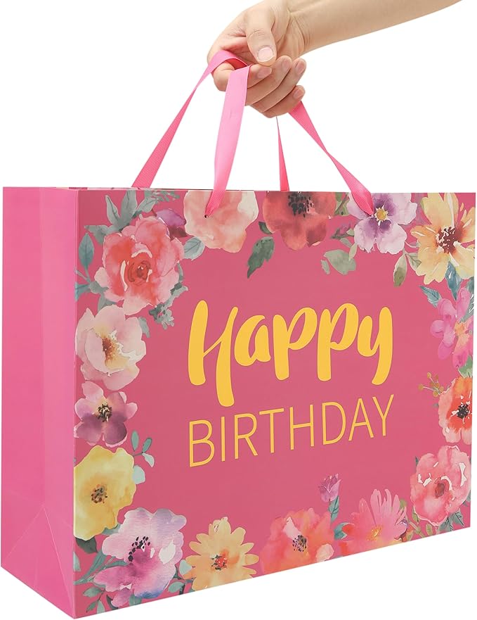 Qirrmiy 16.5'' Extra Large Happy Birthday Gift Bag Set with Handles, Greeting Card, Tissue Papers and Stickers for Women Girls, Gold Foil Happy Birthday & Floral Design, 1 Pcs