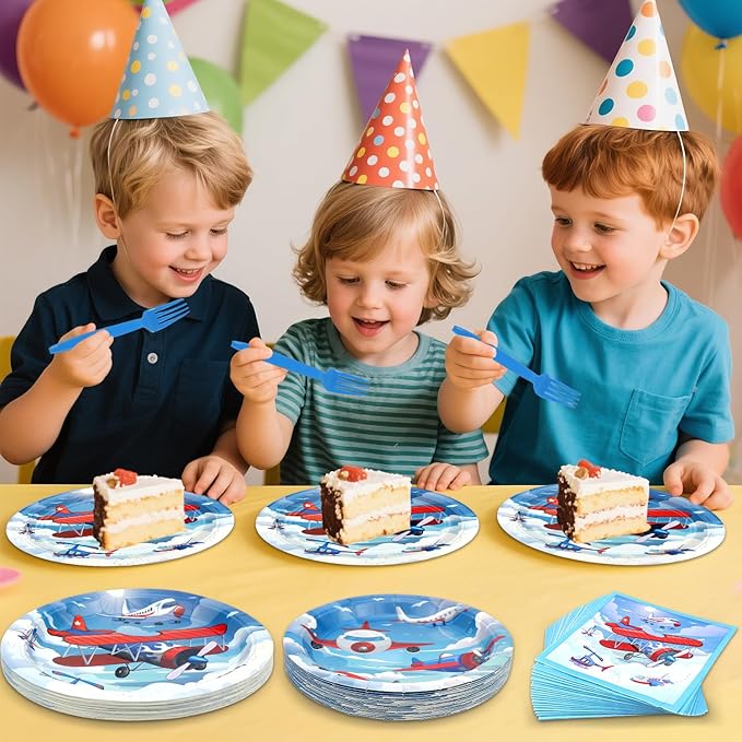 Airplane Party Supplies - Camping Party Tableware - Dinner Plates, Dessert Plates, Napkins, Forks for Plane Theme Party, Baby Shower Supplies, Serves 25
