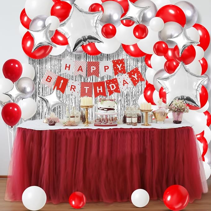 Red White Silver Balloon Garland Arch Kit, Red and White Metallic Silver Balloons Tinsel Foil Fringe Curtain for Wedding Birthday Engagement Graduation Valentines Party Decorations