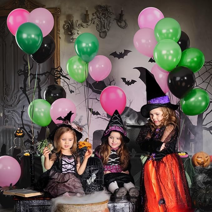 Black and Pink Green Balloons, 60PCS Witch Theme Party Balloon, 12 Inch Hot Pink Dark Light Green Black Latex Balloon for Girls Princess Witch Theme Birthday Party Decorations Supplies