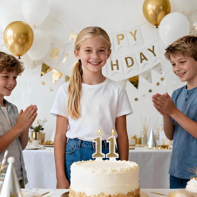 11 Birthday Number Candle for Cake, Glitter Number Candle with Gold Beads, Decorative Cake Topper for Milestone Celebrations