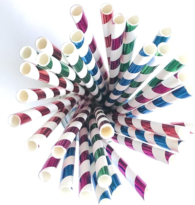100 pcs Mixed Biodegradable Colorful Party Paper Straws, Colored Hot Pink Blue Red Green Foil Striped Drinking Straws Bulk, Restaurant Holiday Birthday Wedding Cake Pop Sticks (Metallic Stripe)