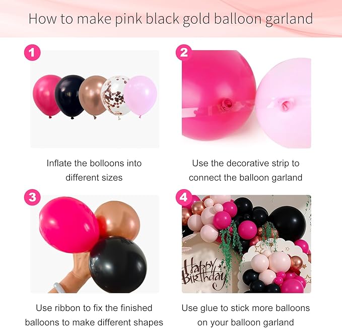 Hot Pink and Black Balloon Garland Arch Kit, 127pcs Latex Balloons for Sweet 16 Bachelorette Bridal Shower Coquette Birthday Party Decorations for Women and Girls