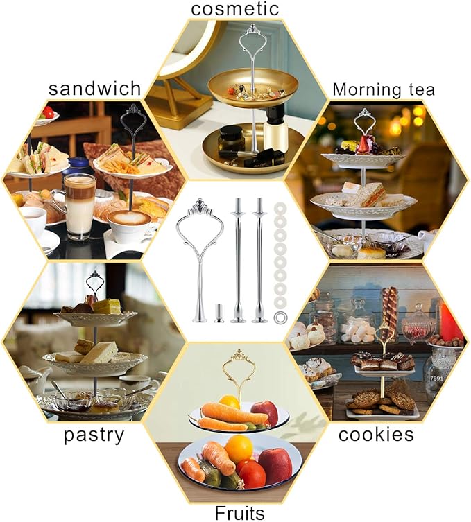 6 Set Tiered Tray Hardware for Cake Stand Mold Crown 3 Tier Cake Stand Fittings Hardware Holder for Wedding and Party Making Resin Cupcake Dessert Platter Serving Stand (Silver & Black, M)