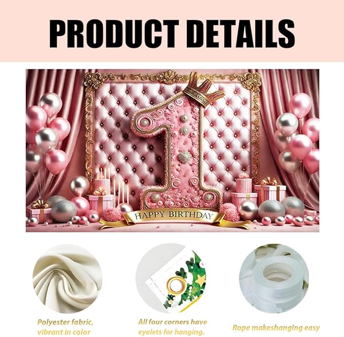 Pink First Birthday Party Banner 71x43 Inch, Elegant "1" Design with Velvet Curtains and Gold Balloons, Ideal for Cake Smash and Birthday Party Decorations