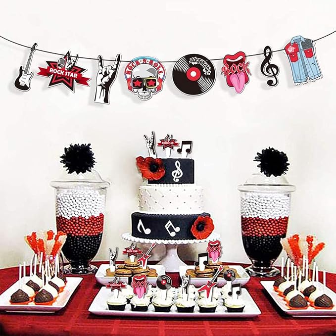 Rock and Roll Cupcake Topper Musical Themed Guitar Cake Topper, Guitar, Note, Rock Music Elements Rock Party Decorations for 80's Retro Themed Music Party Supplies(24Pcs)âŚ
