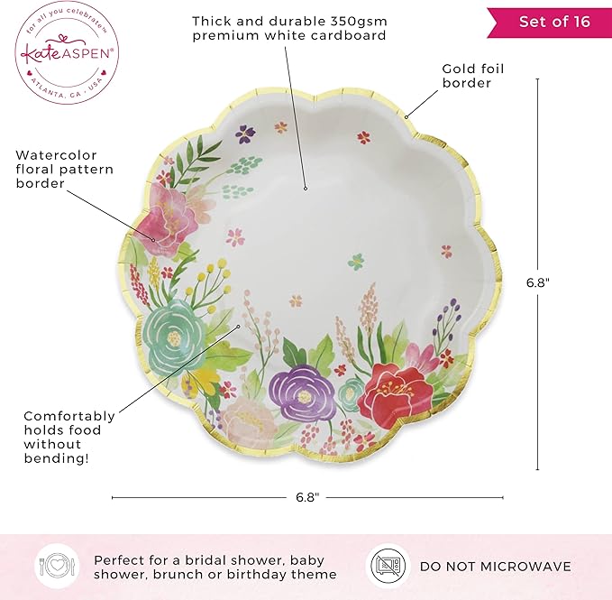 Kate Aspen Garden Blooms 7 in. Decorative Floral Premium Paper Plates (350 GSM weight -Set of 16) - Perfect for Bridal Showers and Weddings (28625NA)