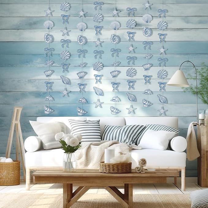 TaoBary 8 Pack Blue Bow Starfish and Seashell Garland 6.56 ft Ocean Coastal Nautical Paper Hanging Decorations Pre Strung Banner for Under the Sea Beach Wedding Mermaid Birthday Party Decorations