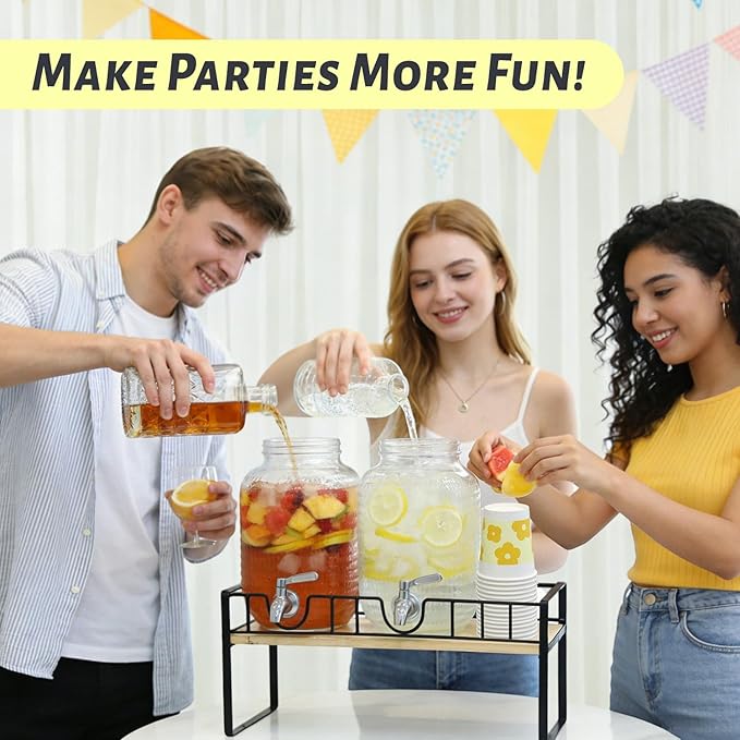Hassky Extra Wider Glass Drink Dispensers For Parties 1 Gallon*2 Packs Set, Beverage Dispenser With Stand Glass Water Dispenser With Spigot Stainless Steel & Filter -for Lemonade, All Juice