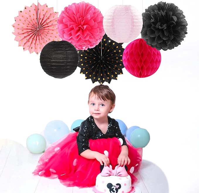 Hot-Pink Black Birthday Party-Decorations Streamers Lanterns - 14pcs Baby Girl Paper Honeycomb Fan,Tissue Pom Poms, Graduation Engagement Bachelorette Backdrop Decor Ouruola
