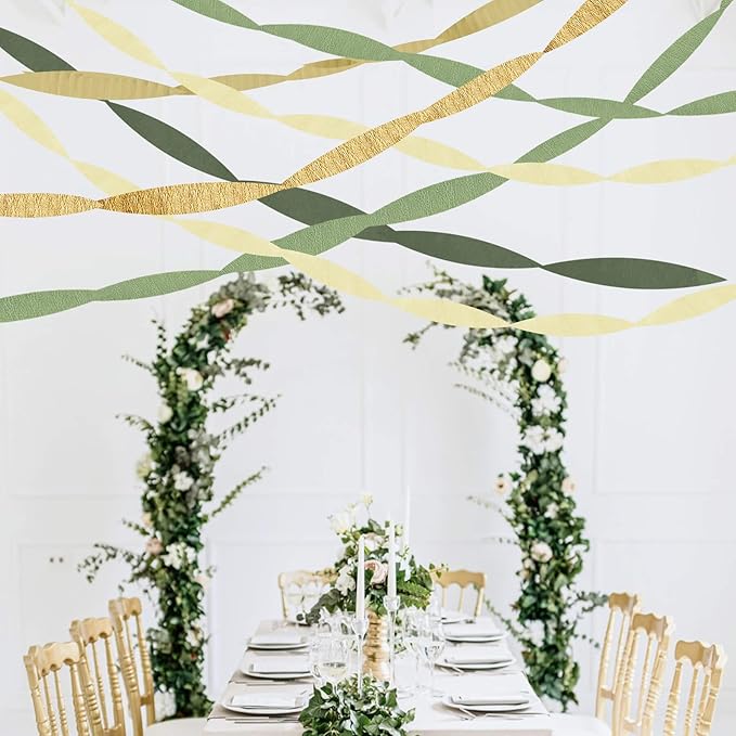 Birthday Baby Shower Decorations, Sage Green Gold Crepe Paper Streamers Party Decorations(5 Rolls) for Camp Bachelorette, Bridal Shower,Engagement Woodland Safari Boho Party Decor Women Adults