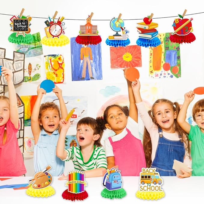 10 Pcs Back to School Decorations, First Day of School Table Toppers Honeycomb Ornaments Centerpieces, Schools Bus Pencil for Classroom Table Decoration Kids Welcome Back to Schools Party Supplies