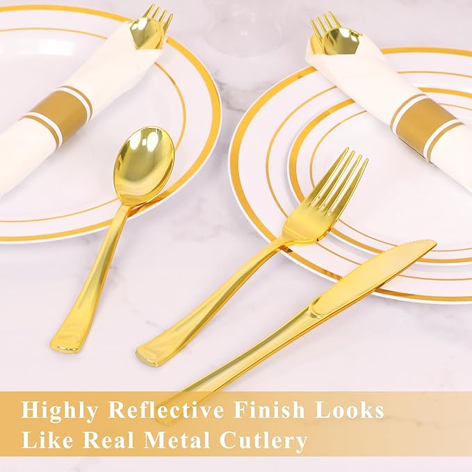 30 Pack Pre Rolled Gold Plastic Silverware Set,Wrapped Plastic Cutlery Set with Napkin Include 30 Forks,30 Spoons,30 Knives and 30 White Napkins for Party,Wedding,Birthday