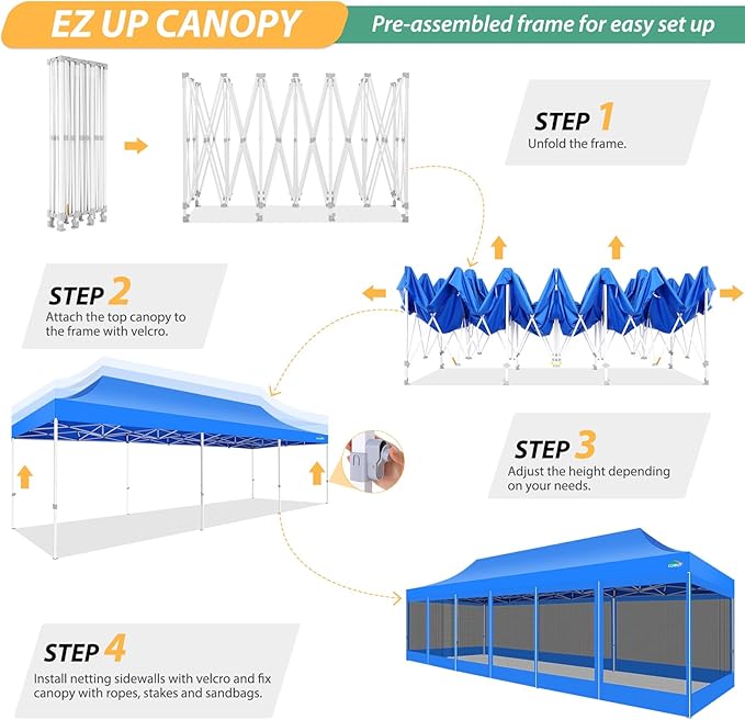 COBIZI 10x30 Pop Up Canopy with Sidewalls, Heavy Duty Canopy with Mosquito Netting, Easy up Screen Party Tents for Parties Backyard Outdoor Commercial Event Gazebo with Roller Bag, Sandbags, Blue