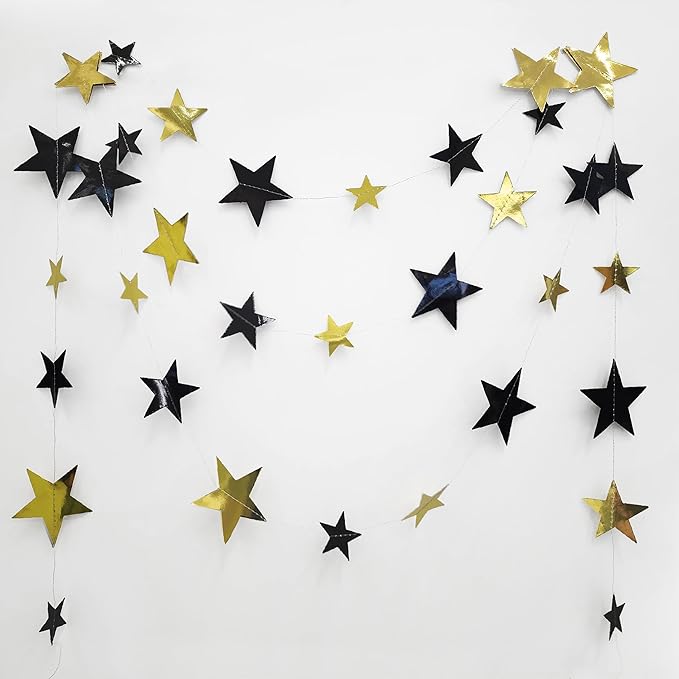 Cheerland 156ft Graduation Party Decorations Star Garland Black Gold Hanging Paper Twinkle Stars Streamer Grad Banner Wedding Backdrop for Starry Night Birthday Congrats Grad Class of 2026 Party Decor
