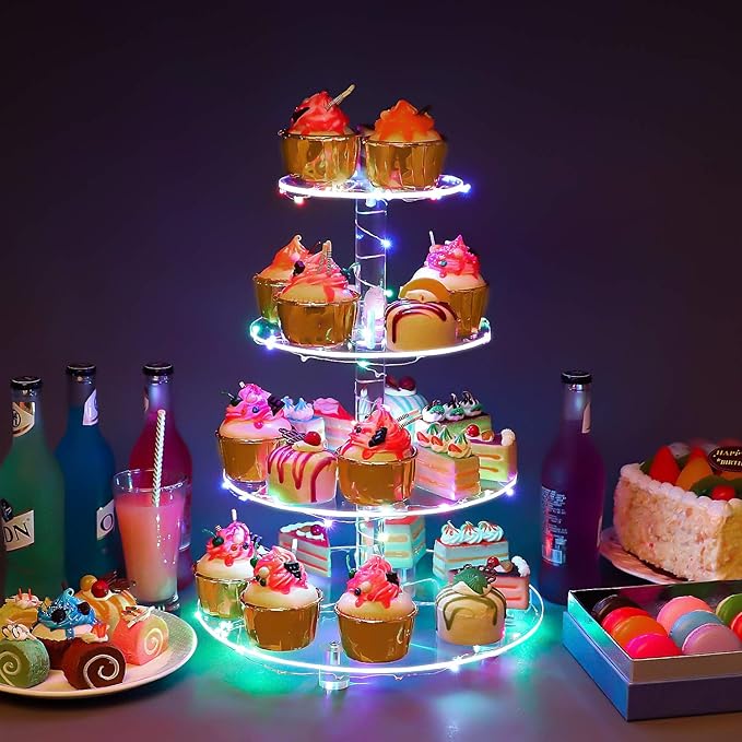 YestBuy 4 Tier Round Cupcake Stand – Premium Cupcake Holder – Acrylic Cupcake Tower Display – Display for Pastry + LED Light String – Ideal for Weddings, Birthday Parties & Events (Multicolored)