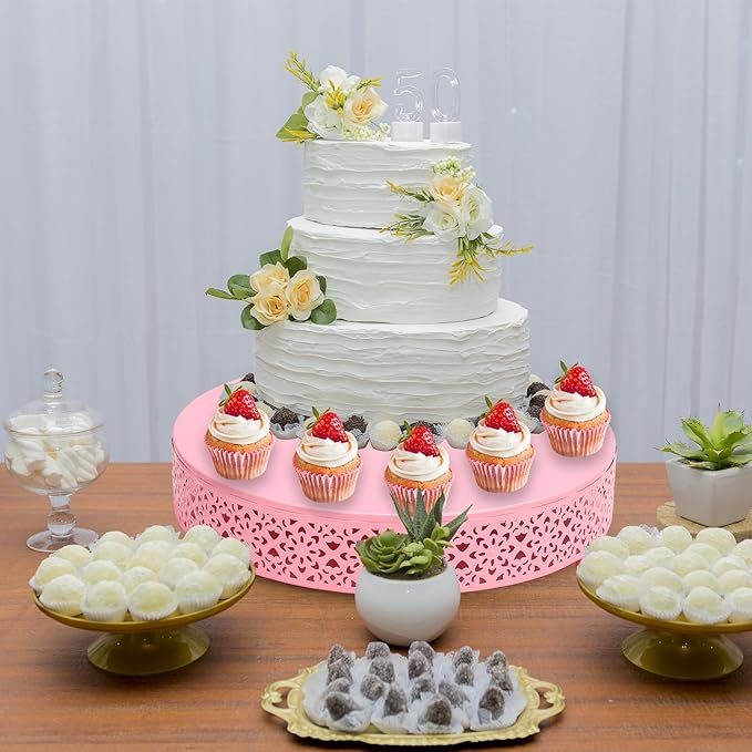 Pyrrhiax 3 Piece pink cake stand Set 16'' 14'' 12'' Round Metal Cake Stands Cupcake Stand Riser Pastry Candy Display Plate for Dessert Table Wedding Event Birthday Anniversary Party (Pink)