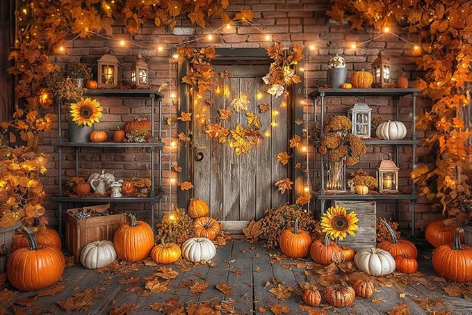Mocsicka Fall Pumpkin Photography Backdrop Autumn Harvest Barn Background Party Decorations Maple Leaves Rustic Wooden Door Photo Booth Props (Orange, 12x10ft (144x120 inch))