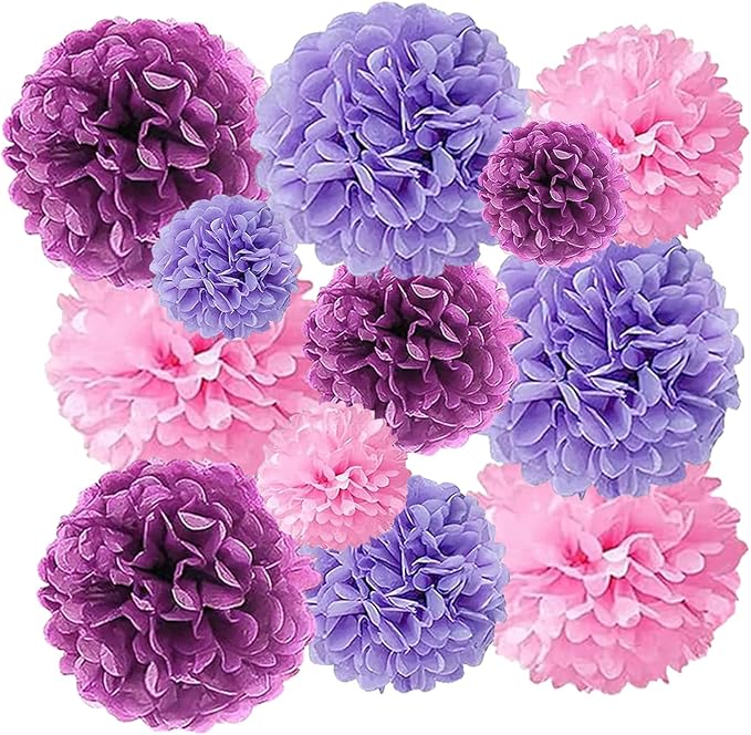 Tissue Paper Pompoms Paper Flower 12 Pcs Pink,Lavender,Light Purple Paper Flower Ball for Birthday Bachelorette Wedding Baby Shower Bridal Shower Party Decoration