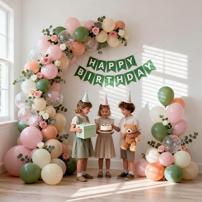 Pink and Green Balloons Arch Kit, Light Dusty Pastel Pink Sage Green Sand White Light Orange Balloons Garland Kit for Wedding Birthday Bridal Shower Bloom Woodland Boho Party Decorations
