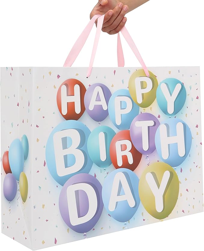 wishinside 16.5” Extra Large Happy Birthday Gift Bag Set with Handles, Greeting Card, Pink Tissue Papers and Stickers for Girls Kids Women, Colorful Balloon Design, 1 Pcs