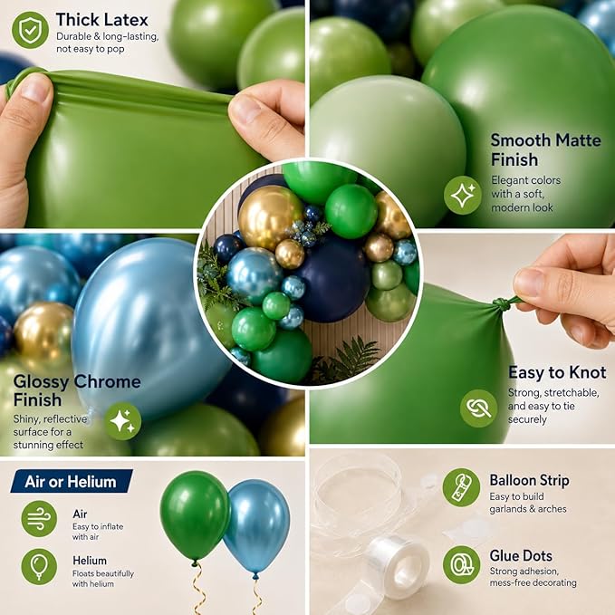 134Pcs Blue and Green Balloon Garland Kit, Navy Blue Dark Green Gold Balloon Arch Kit with Metallic Chrome Balloons, Dinosaur Helium Latex Balloons for Dino Jungle Safari Birthday Party Decorations