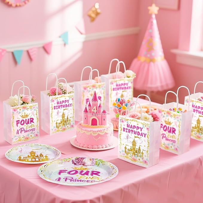 Grencian 16Pcs Princess Birthday Party Bags Four Ever a Princess Candy Treat Gift Bags Princess 4th Party Favor Decorations for Girls Princess Themed Birthday Supplies