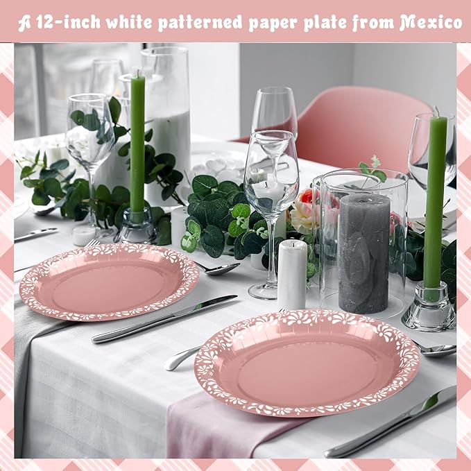 Yungyan 50 Pcs 12 Inch Pink Cielito Lindo Plates Mexican Paper Plates Platos De Barro Cielito Lindo Party Favors for Talavera Baby Shower Birthday Wedding Party Decoration