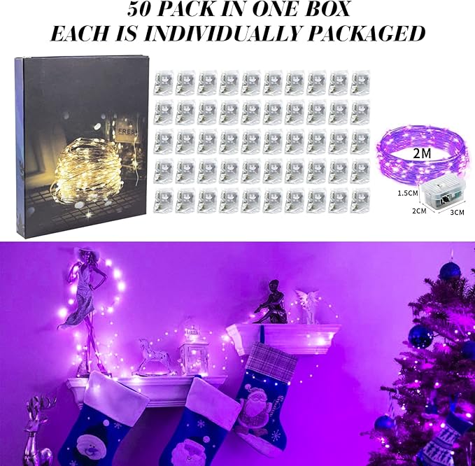50 Pack Fairy Lights Battery Operated, 7FT 20 Mini LED Silver Wire Twinkle Lights for DIY, Parties, Wedding, Bedroom, Christmas Decoration (Purple)