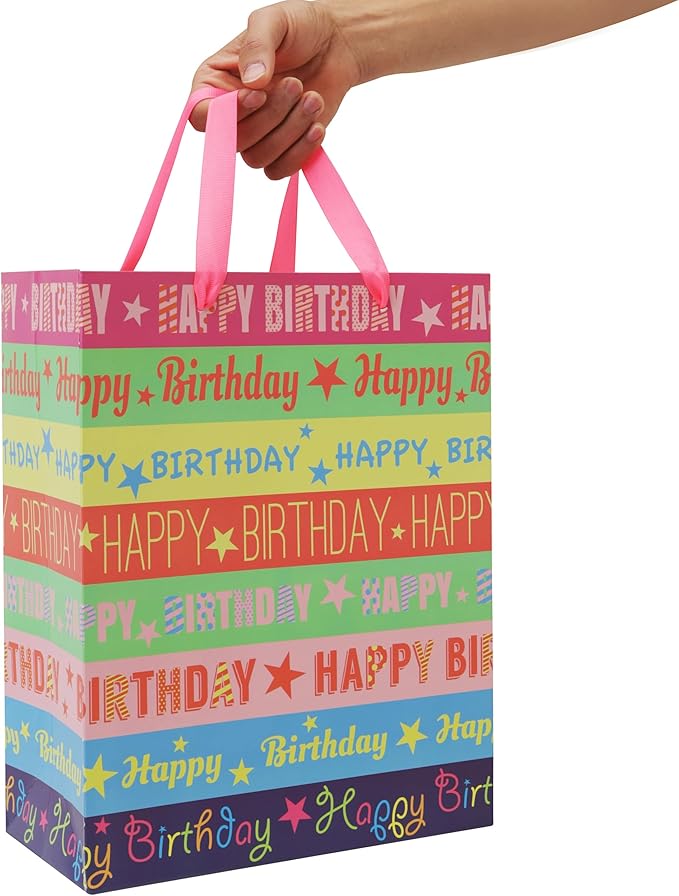 Qirrmiy 13'' Large Happy Birthday Gift Bag Set with Handles, Greeting Card, Tissue Papers and Stickers for Girls Women Kids Teens Boys Men, Words Design, 1 Pcs