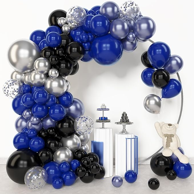Amandir 153pcs Blue and Black Balloons Arch Garland Kit Different Sizes 18 12 10 5inch Metallic Silver Royal Dark Navy Blue Latex Confetti Graduation Balloon Birthday Space Retirement Party Supplies