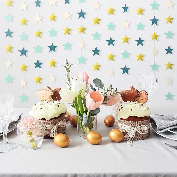 Patelai 130 Feet Glitter Star Garland Banner 2026 Party Decoration Double Side Star Hanging String Streamer Paper Twinkle for Graduation Wedding Birthday (Dark Green,Gold,Yellow,Light Green,Apricot)