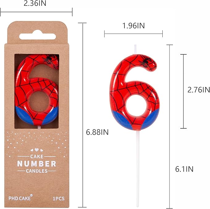 PHD CAKE 2.76 Inch Number 6 Spider Birthday Candles, Spider Cartoon Themed Number Candles, Cake Number Candles, Party Celebration