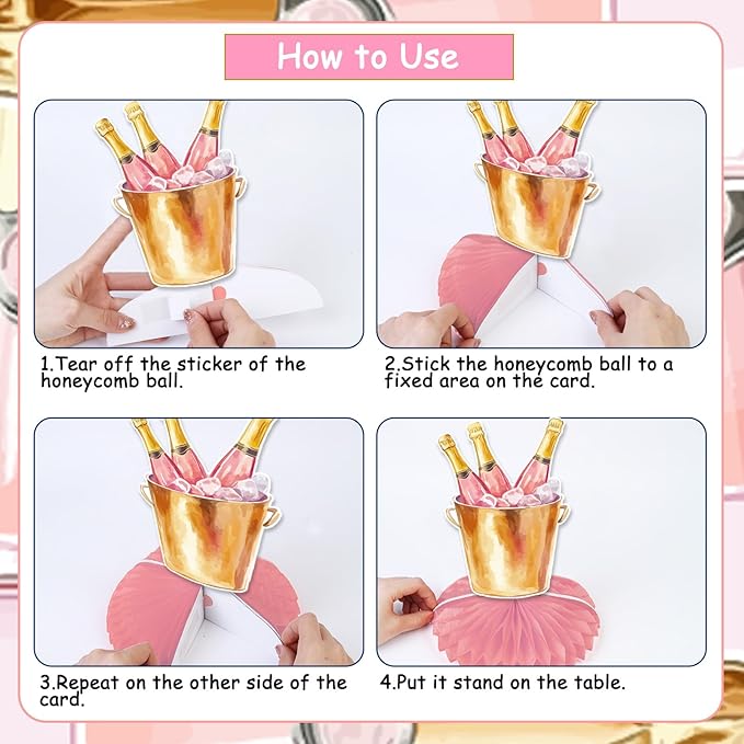 Jollyboom Champagne Table Honeycomb Centerpieces, 8pcs Pink and Gold Champagne Party Decorations Table Honeycomb Centerpieces Wine Bottle Table Topper for Women Wine Themed Party Supplies