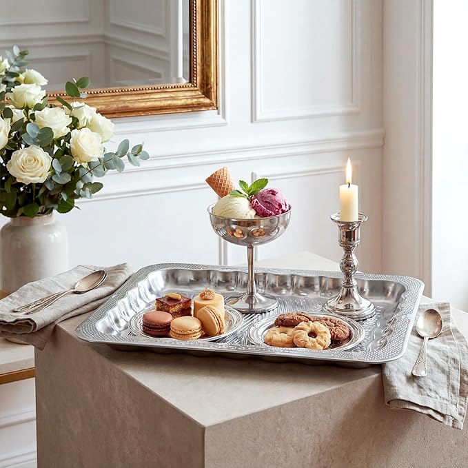 4 Pack 15.8" x 11.6" Large Silver Serving Trays for Dessert Table Stainless Steel Platters Floral Engraved Mirror Serving Platters for Wedding, Desserts, Party Food Display (Retro)