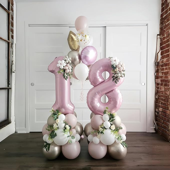 Light Pink Foil Balloon Number 7, 40'' Giant Self Inflating Number Balloons Set 0-9, Large Pastel Pink Number 7 Helium Balloon for Girls 7th Birthday Princess Party Decorations Supplies