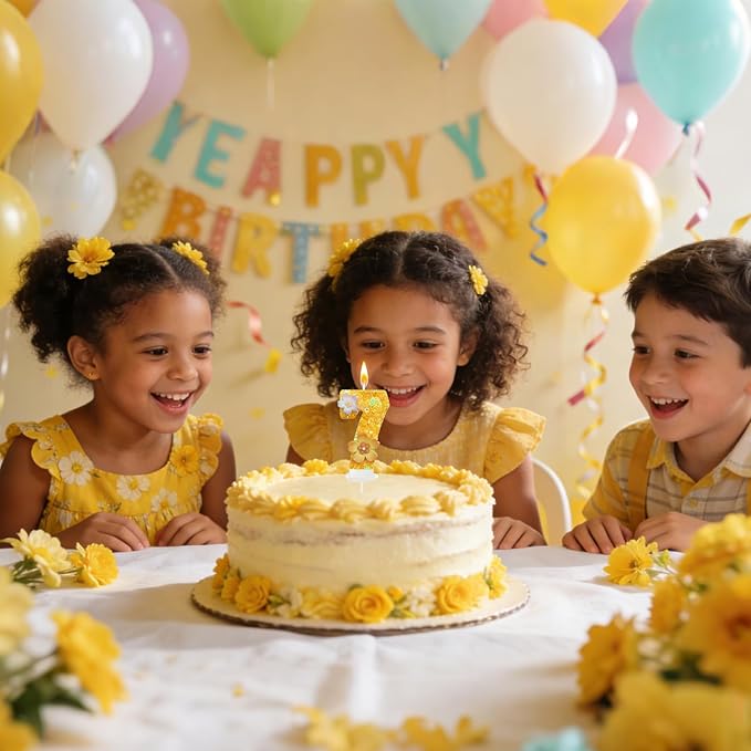 Yellow Birthday Candle, Flower Number Birthday Candles for Cake, Ideal Birthday Parties Cake Decor, Wedding Anniversary and Other Celebrations (7 Candle, Yellow)