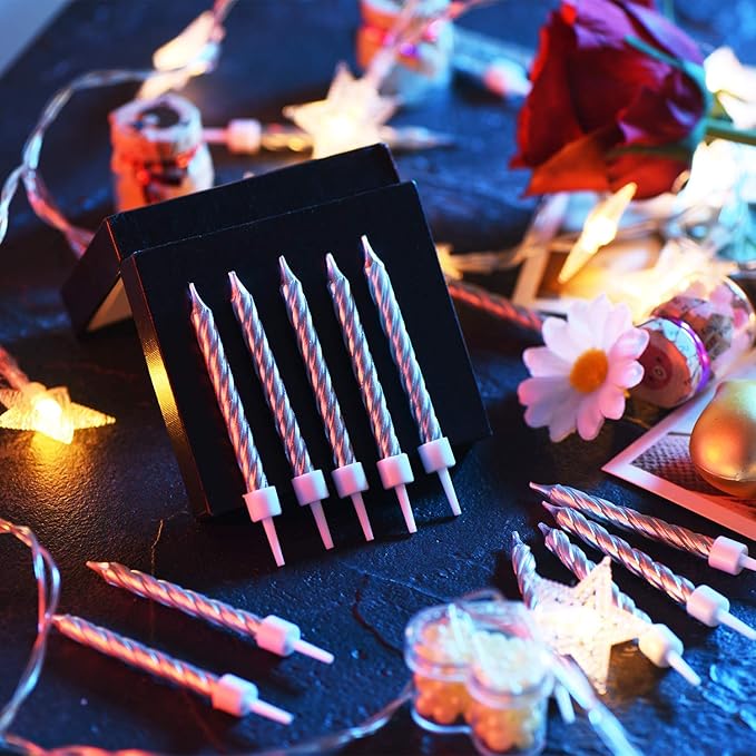Blulu 50 Pieces Spiral Birthday Candles Metallic Cake Cupcake Candles for Birthday Wedding Party Decorations(Silvery)