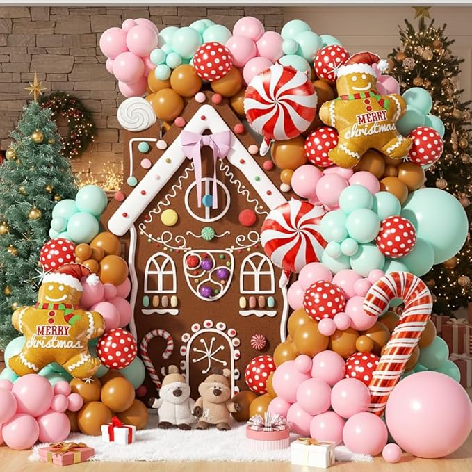 153Pcs Christmas Balloon Arch Garland Kit Xmas Pastel Pink Green Brown Latex Balloons Gingerbread Man Candy Cane Foil Balloons Arch Kit for Christmas New Year Party Birthday Party Decorations
