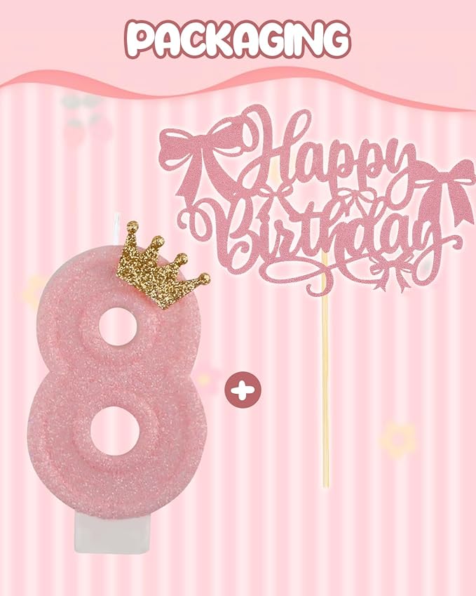 Birthday Candles for Cake, Pink Number Candles, Cake Candles with Cake Topper for Birthday Party Wedding Anniversary Celebrations (8 Candle)