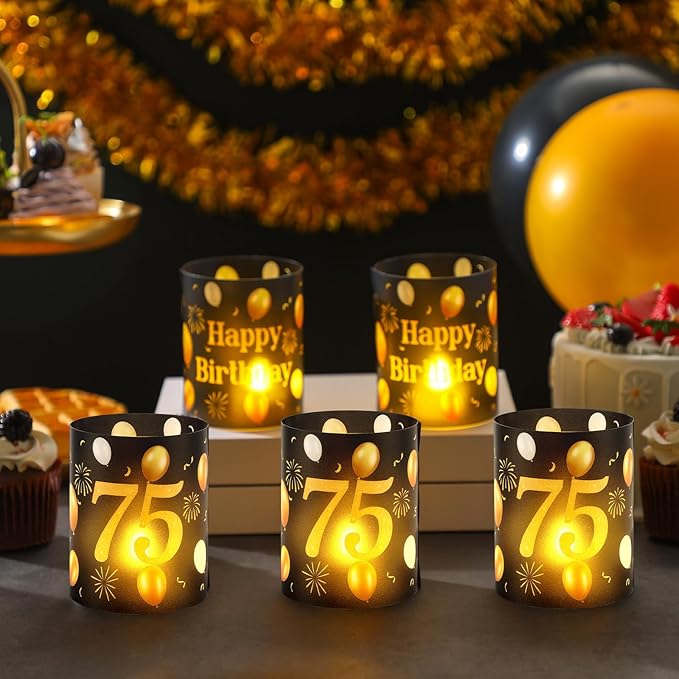 10 Sets 75th Happy Birthday Centerpieces for Table Black and Gold Birthday Decorations Lantern Boxes with Tea Lights Candles Centerpieces for Men Women 75th Party Supplies