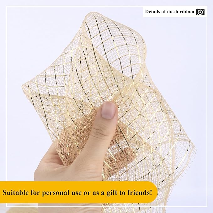 2 Pcs Champagne Gold Deco Mesh Ribbon Rolls 10 Inch 10 Yards(30 ft) Decorative Mesh Fabric with Foil for Wreaths Christmas Tree Ribbon Door DIY Craft Halloween Decor Wedding Party Supplies, Champagne