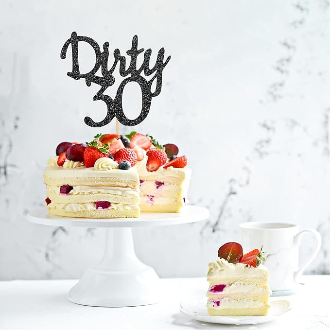 Black Glitter Dirty 30 Cake Topper - Thirty Sign - Happy 30th Birthday Party Decorations Supplies