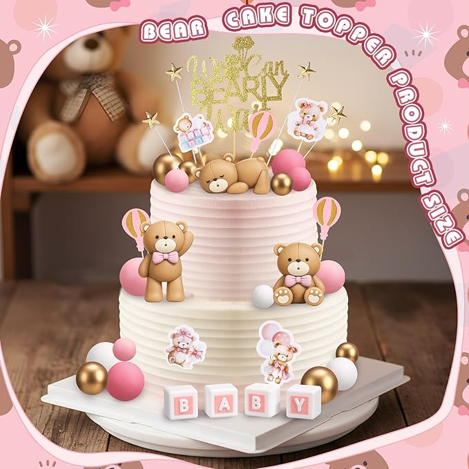 Beeveer 42 Pcs Bear Cake Toppers Bear Balls Cake Decorations Baby Shower Cupcake Toppers Candle Decorations Supplies for Birthday Party Wedding Baby Shower(Pink)