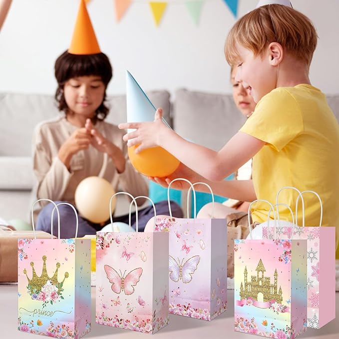 20Pcs Princess Prince Gift Bags with Handles, Butterfly Floral Castle Crown Party Favor Bags, Candy Goodie Bags Paper Treat Bags for Princess Baby Shower Birthday Party Supplies